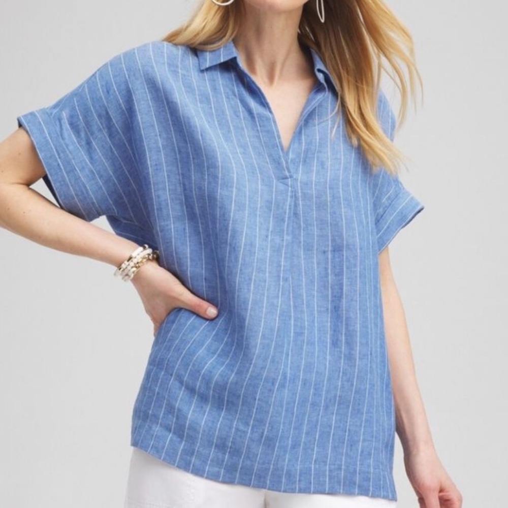 CHICO’S Blue Striped Linen Shirt